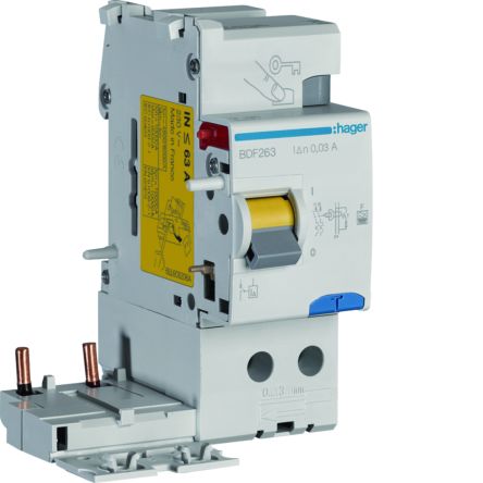Hager BDF Series RCCB, 63A, 2 Pole, 30mA, Type F [BDF263]; 597-898