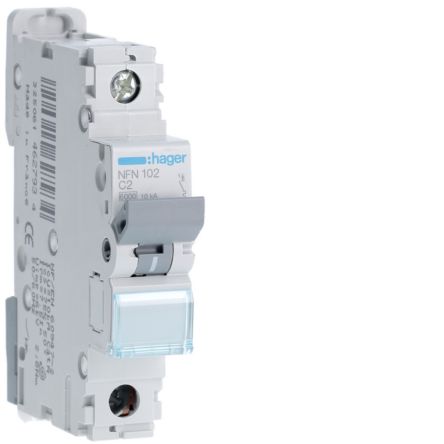 Hager NFN MCB, 1P, 2A Curve C, 230 → 400V AC, 10 kA Breaking Capacity [NFN102]; 597-902