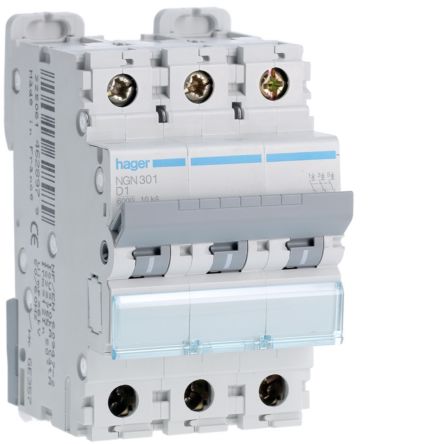 Hager NGN MCB, 3P, 1A Curve D, 400V AC, 10 kA Breaking Capacity [NGN301]; 597-903