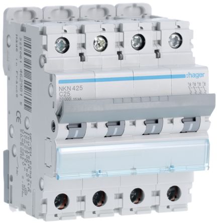 Hager NKN MCB, 4P, 25A Curve C, 400V AC, 15 kA Breaking Capacity [NKN425]; 597-904