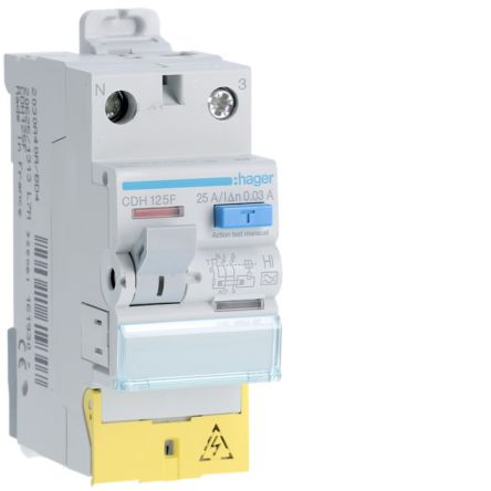 Hager CDH RCCB, 25A, 1P+N Pole, 30mA, Type A-HI, 230V ac [CDH125F]; 597-911