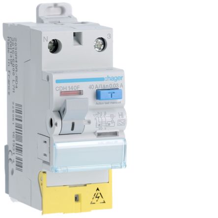 Hager CDH RCCB, 40A, 1P+N Pole, 30mA, Type A-HI, 230V ac [CDH140F]; 597-912