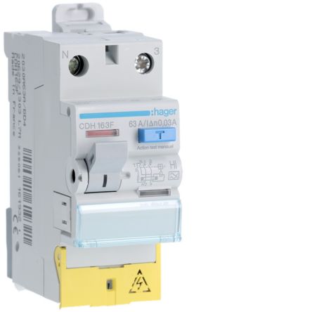 Hager CDH RCCB, 63A, 1P+N Pole, 30mA, Type A-HI, 230V ac [CDH163F]; 597-913