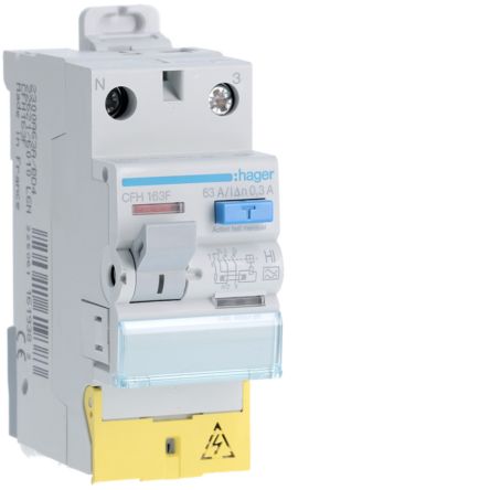 Hager CFH RCCB, 63A, 1P+N Pole, 300mA, Type A-HI, 230V ac [CFH163F]; 597-917