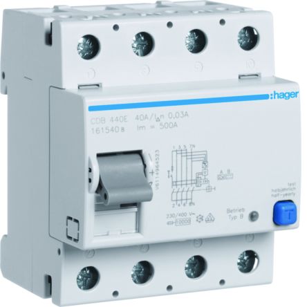 Hager CDB RCCB, 40A, 4 Pole, 30mA, Type B, 230 → 400V ac [CDB440E]; 597-919