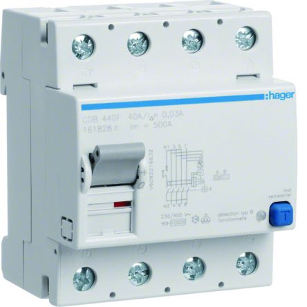 Hager CDB RCCB, 40A, 4 Pole, 30mA, Type B, 230 → 400V ac [CDB440F]; 597-921