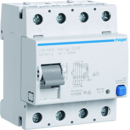 Hager CDB RCCB, 63A, 4 Pole, 30mA, Type B, 230 → 400V ac [CDB463E]; 597-922