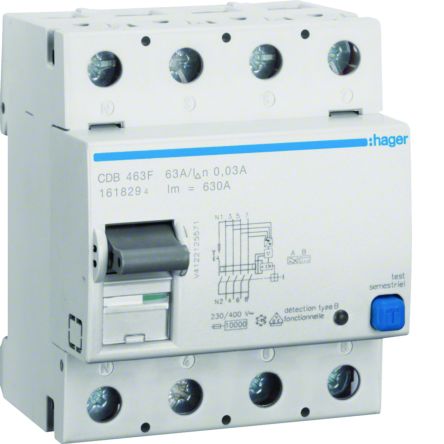 Hager CDB RCCB, 63A, 4 Pole, 30mA, Type B, 230 → 400V ac [CDB463F]; 597-923