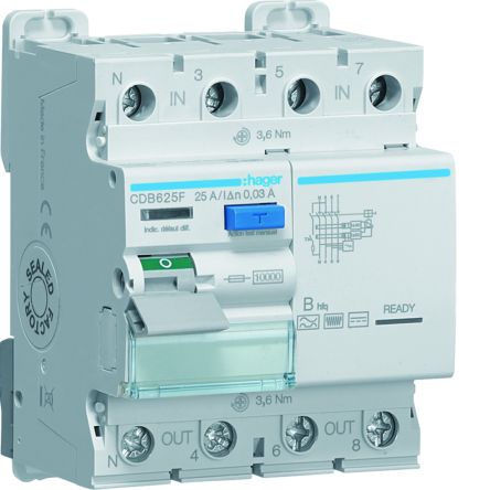 Hager CDB RCCB, 25A, 3P+N Pole, 30mA, Type B, 230 → 400V ac [CDB625F]; 597-924