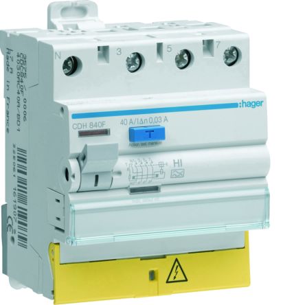 Hager CDH RCCB, 40A, 3P+N Pole, 30mA, Type A-HI, 230 → 400V ac [CDH840F]; 597-927