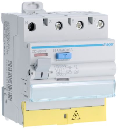 Hager CDH RCCB, 63A, 3P+N Pole, 30mA, Type A-HI, 230 → 400V ac [CDH863F]; 597-928