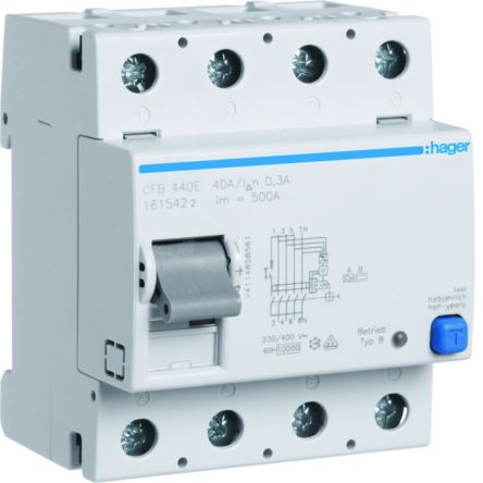 Hager CFB RCCB, 40A, 4 Pole, 300mA, Type B, 230 → 400V ac [CFB440E]; 597-929