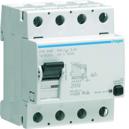 Hager CFB RCCB, 40A, 4 Pole, 300mA, Type B, 230 → 400V ac [CFB440F]; 597-930