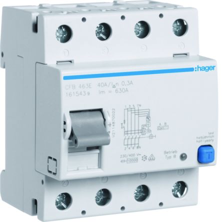 Hager CFB RCCB, 63A, 4 Pole, 300mA, Type B, 230 → 400V ac [CFB463E]; 597-931