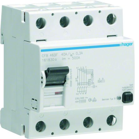 Hager CFB RCCB, 63A, 4 Pole, 300mA, Type B, 230 → 400V ac [CFB463F]; 597-932