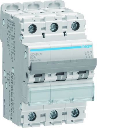 Hager NQN MCB, 4P, 63A Curve B, 415V AC, 15 kA Breaking Capacity [NQN463]; 597-941