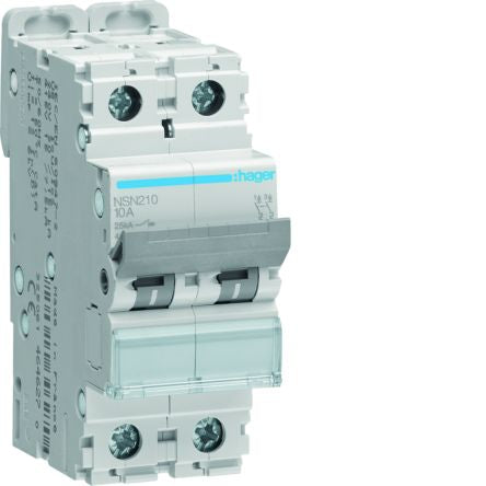 Hager NSN MCB, 2P, 10A Curve D, 415V AC, 25 kA Breaking Capacity [NSN210]; 597-951