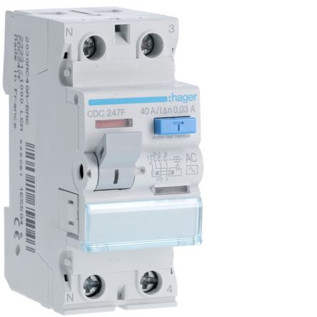 Hager CDC RCCB, 40A, 2 Pole, 30mA, Type AC, 127 → 230V ac [CDC247F]; 597-962