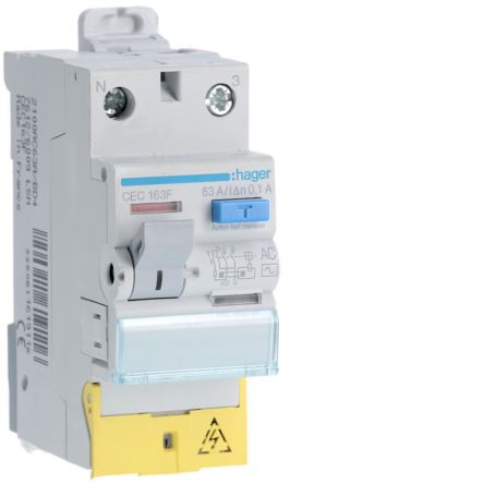 Hager CEC RCCB, 63A, 1P+N Pole, 100mA, Type AC, 230V ac [CEC163F]; 597-966