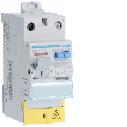 Hager CGC RCCB, 25A, 1P+N Pole, 500mA, Type AC, 230V ac [CGC125F]; 597-967