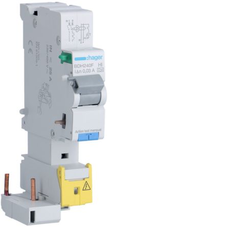 Hager BDH Series RCCB, 40A, 1P+N Pole, 30mA, Type A-HI [BDH240F]; 597-972
