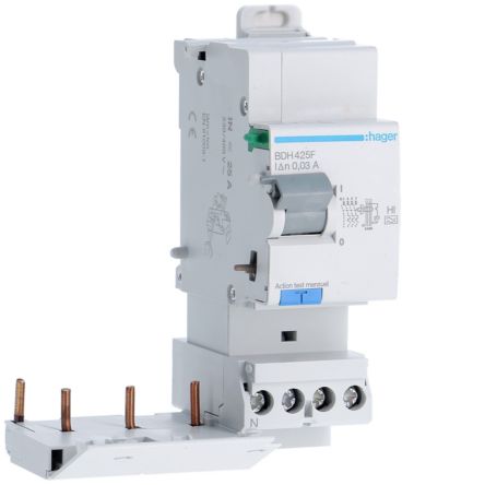 Hager BDH Series RCCB, 25A, 3 Pole, 30mA, Type A-HI [BDH425F]; 597-975
