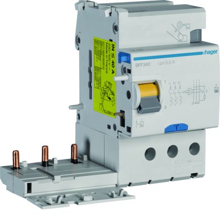 Hager BFF Series RCCB, 40A, 3 Pole, 300mA, Type F [BFF340]; 597-981