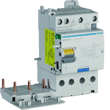 Hager BFF Series RCCB, 25A, 3 Pole, 300mA, Type F [BFF925F]; 597-982