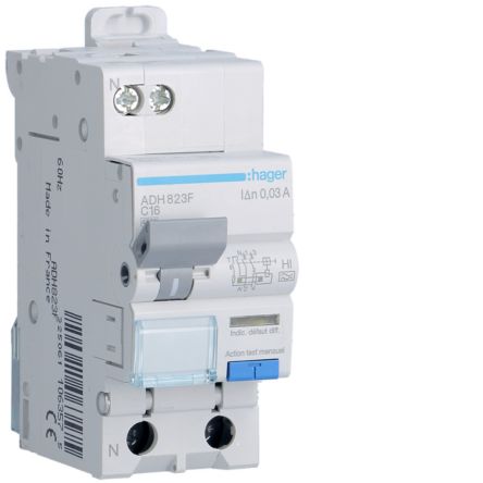 Hager RCBO, 16A Current Rating, 1P + N Poles, 30mA Trip Sensitivity, Type C [ADH823F]; 597-993