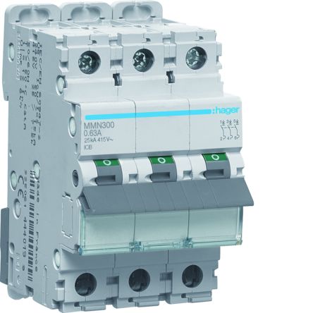 Hager MMN MCB, 2P, 630mA, 415V AC, 25 kA Breaking Capacity [MMN300]; 597-996