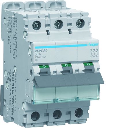 Hager MMN MCB, 3P, 50A, 415V AC, 15 kA Breaking Capacity [MMN350]; 597-999