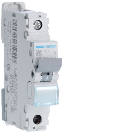 Hager NEN MCB, 1P, 20A Curve B, 230 → 400V AC, 10 kA Breaking Capacity [NEN120]; 598-001