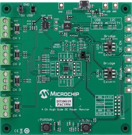 Microchip PAC1954 4 CH High Side DC Power Moniter Evaluation Board for DT100119 for Power Connection [DT100119]; 598-483
