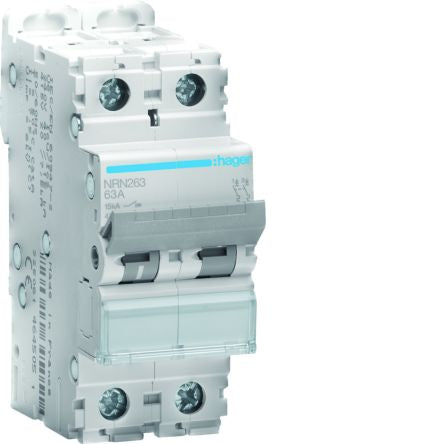 Hager Hager NRN Circuit Breaker, 2P, 63A Curve C, 415V AC, 15 kA Breaking Capacity [NRN263]; 599-705