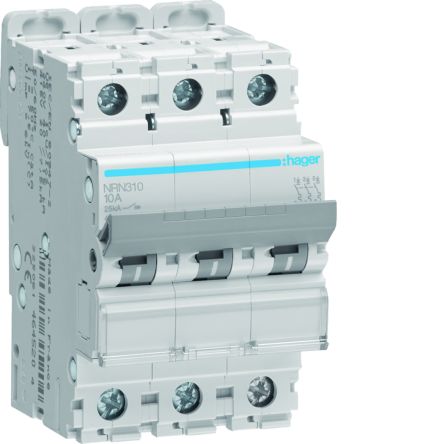 Hager Hager NRN Circuit Breaker, 3P, 10A Curve C, 415V AC, 25 kA Breaking Capacity [NRN310]; 599-706