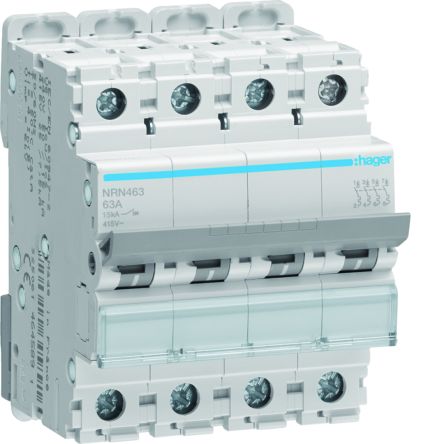 Hager Hager NRN Circuit Breaker, 4P, 63A Curve C, 415V AC, 15 kA Breaking Capacity [NRN463]; 599-716