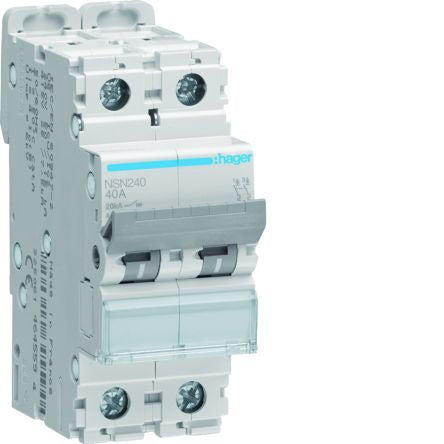 Hager Hager NSN Circuit Breaker, 2P, 40A Curve D, 415V AC, 20 kA Breaking Capacity [NSN240]; 599-717