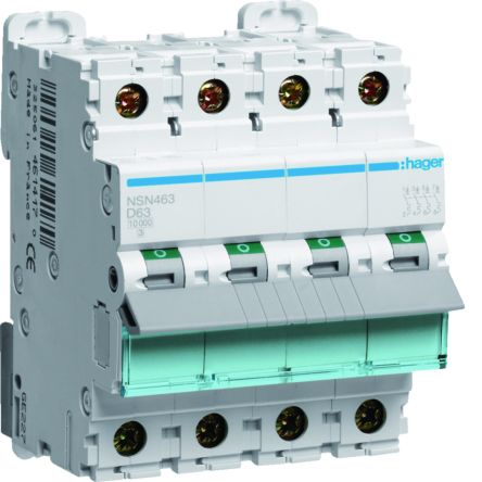 Hager Hager NSN Circuit Breaker, 4P, 63A Curve D, 415V AC, 15 kA Breaking Capacity [NSN463]; 599-729