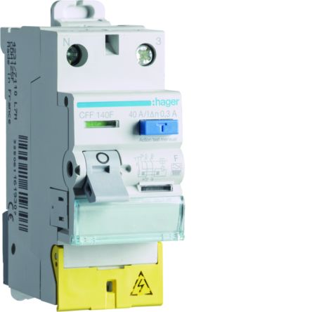 Hager CFF RCD Switch, 40A, 2 Pole, 300mA, Type F, 230V [CFF140F]; 599-732