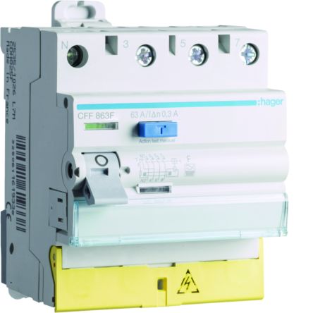 Hager CFF RCD Switch, 63A, 4 Pole, 300mA, Type F, 230 → 400V [CFF863F]; 599-736