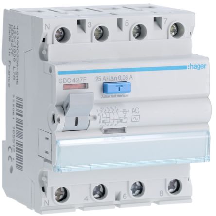 Hager CDC RCD Switch, 25A, 4 Pole, 30mA, Type AC, 230 → 400V [CDC427F]; 599-742