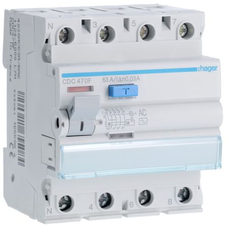 Hager CDC RCD Switch, 63A, 4 Pole, 30mA, Type AC, 230 → 400V [CDC470F]; 599-744