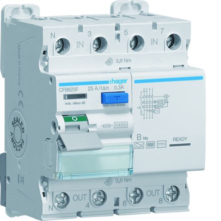 Hager CFB RCD Switch, 25A, 4 Pole, 300mA, Type B, 230 → 400V [CFB625F]; 599-750