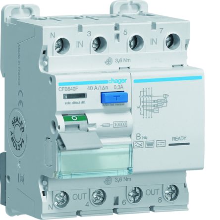 Hager CFB RCD Switch, 40A, 4 Pole, 300mA, Type B, 230 → 400V [CFB640F]; 599-751