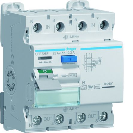 Hager CFB RCD Switch, 25A, 4 Pole, 300mA, Type B, 230 → 400V [CFB725F]; 599-753