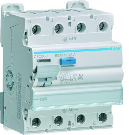 Hager CFC RCD Switch, 80A, 4 Pole, 300mA, Type AC, 230V [CFC680F]; 599-756
