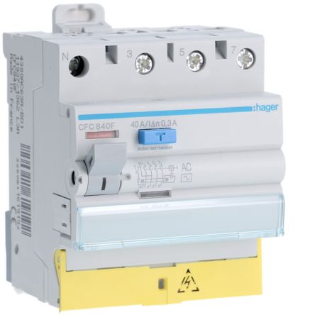 Hager CFC RCD Switch, 40A, 4 Pole, 300mA, Type AC, 230 → 400V [CFC840F]; 599-759
