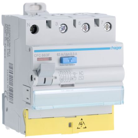 Hager CFC RCD Switch, 63A, 4 Pole, 300mA, Type AC, 230 → 400V [CFC863F]; 599-760