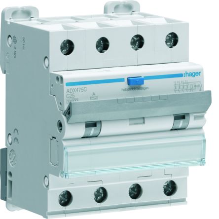 Hager RCBO, 25A Current Rating, 4P Poles, 30mA Trip Sensitivity, Type A, Hager Range [ADX475C]; 599-775