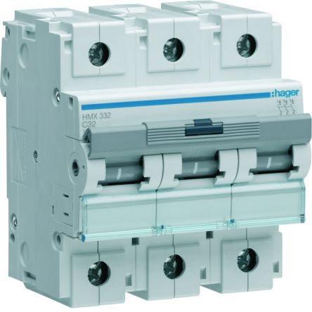 Hager Hager HMX Circuit Breaker, 3P, 32A Curve C, 415V AC, 50 kA Breaking Capacity [HMX332]; 599-783